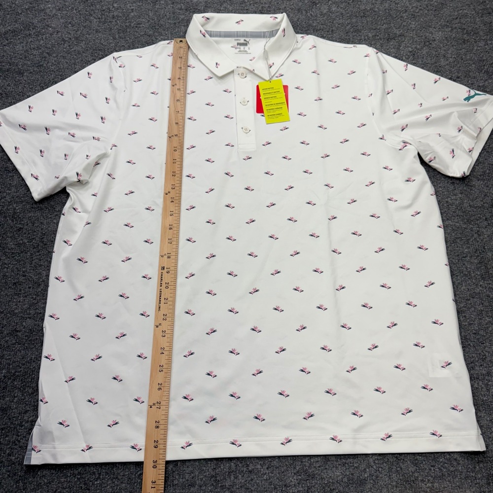 Puma Golf Men XL MATTR Polo Shirt White Bird of Paradise Floral Performance NEW - Picture 7 of 9